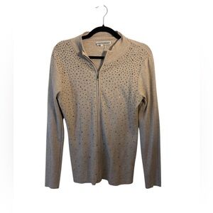 Liquid Sioni Taupe Zip-Up‎ Wool Blend Sweater with Stud Detail
